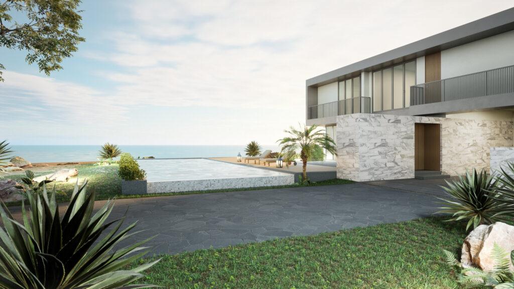 Luxuriöses Strandhaus mit Meerblick-Pool und Terrasse in modernem Design.