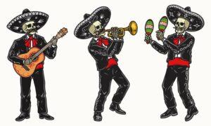 Mariachi-Skelettband in Charro-Kostümen und Sombreros, die Gitarre, Trompete und Maracas spielen, isolierte Vektorillustration