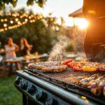 Das Bild zeigt eine Hinterhof-Grillparty mit Lichterketten, die darüber hängen und eine warme und einladende Atmosphäre schaffen.