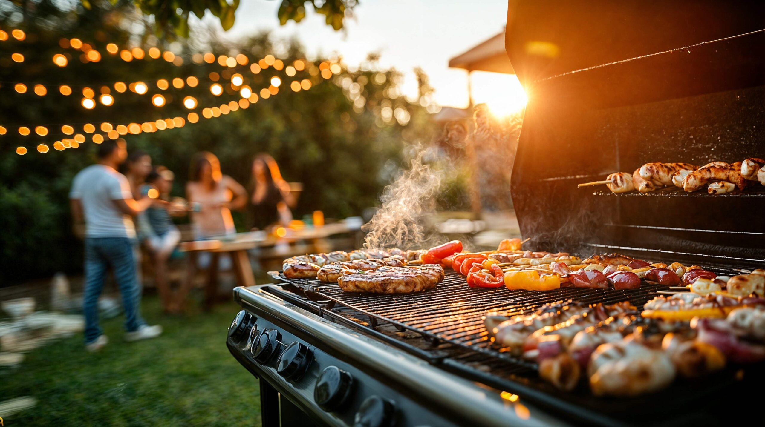 Das Bild zeigt eine Hinterhof-Grillparty mit Lichterketten, die darüber hängen und eine warme und einladende Atmosphäre schaffen.